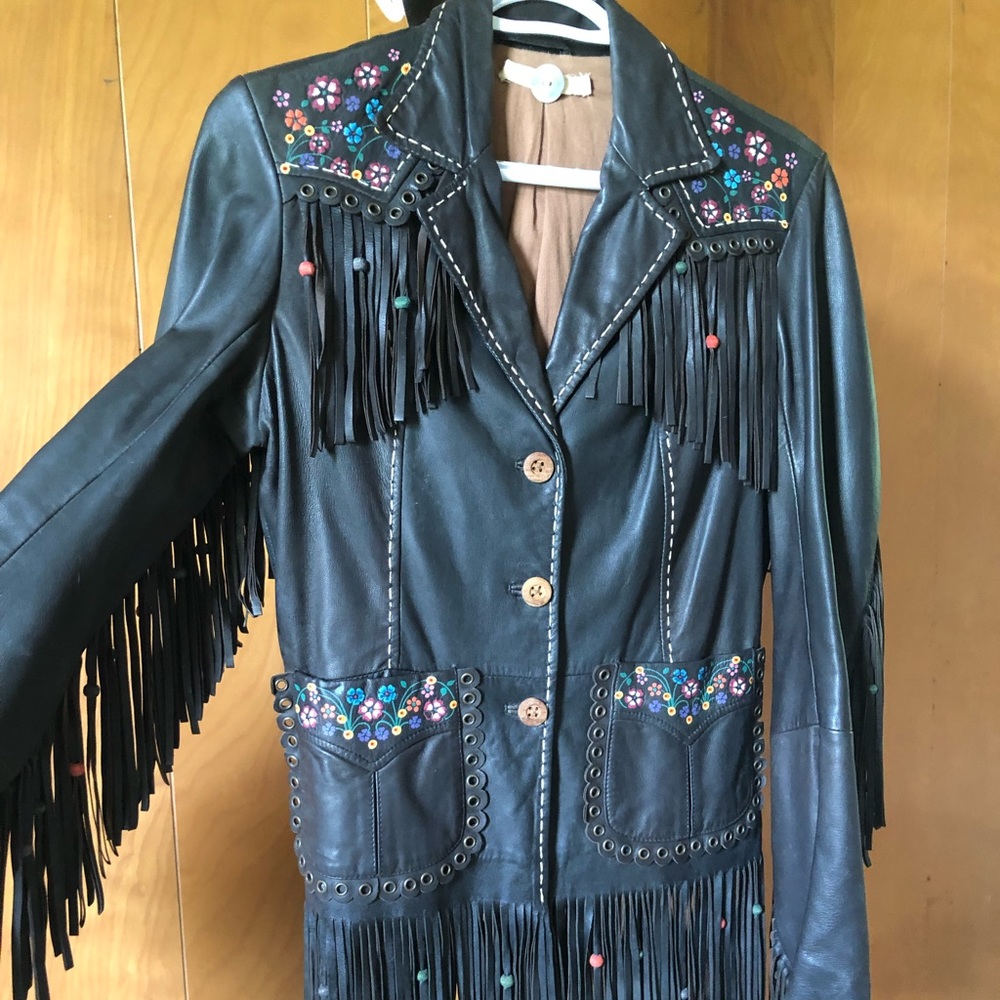 Hand painted brown leather NOLITA fringed jacket